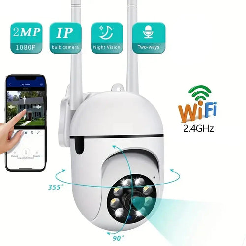 Wireless security camera with smartphone app interface on a white background