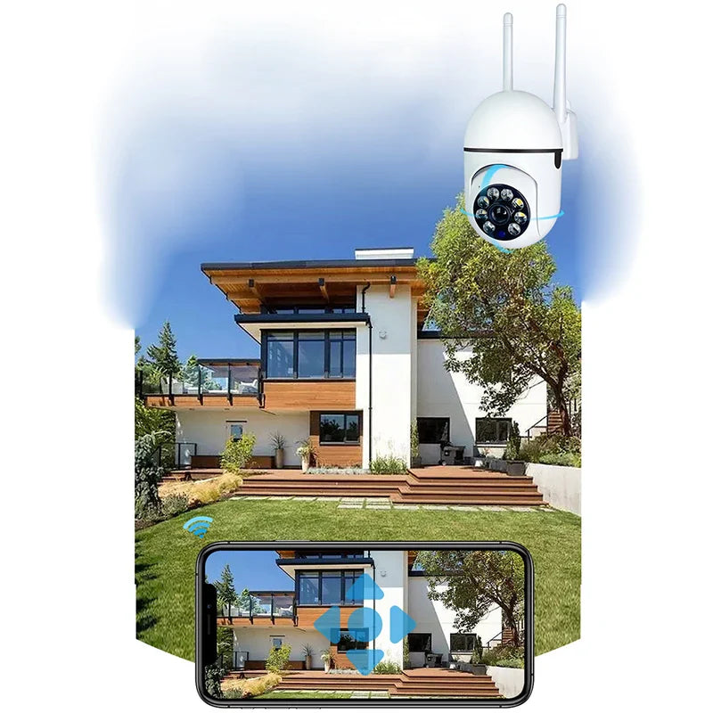 Smart home security camera with a smartphone displaying a live feed of a house.