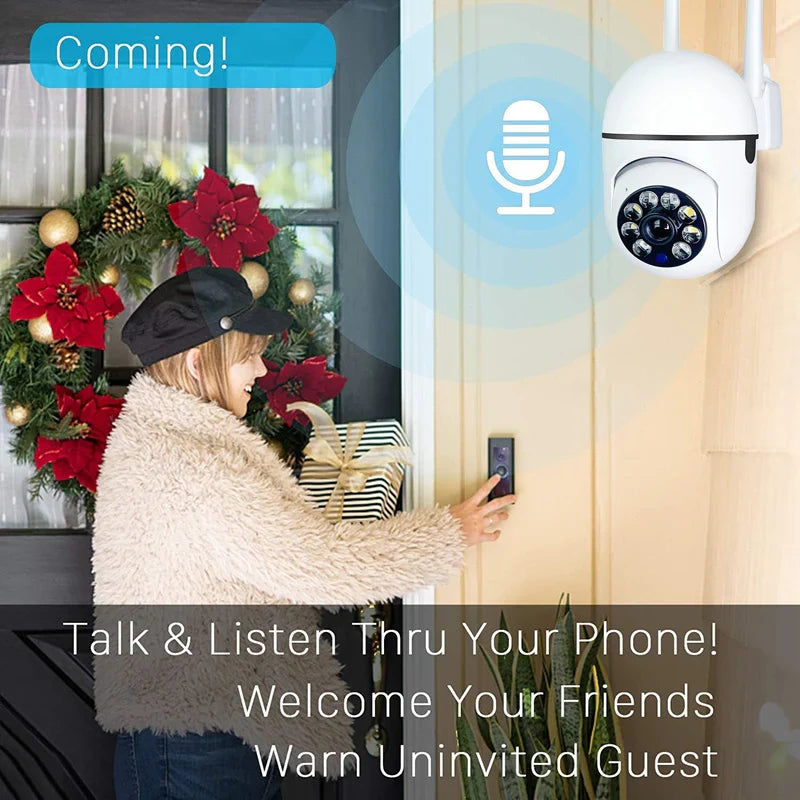 Person using a doorbell camera with text 'Coming!' and promotional text 'Talk & Listen Thru Your Phone! Welcome Your Friends Warn Uninvited Guest'.