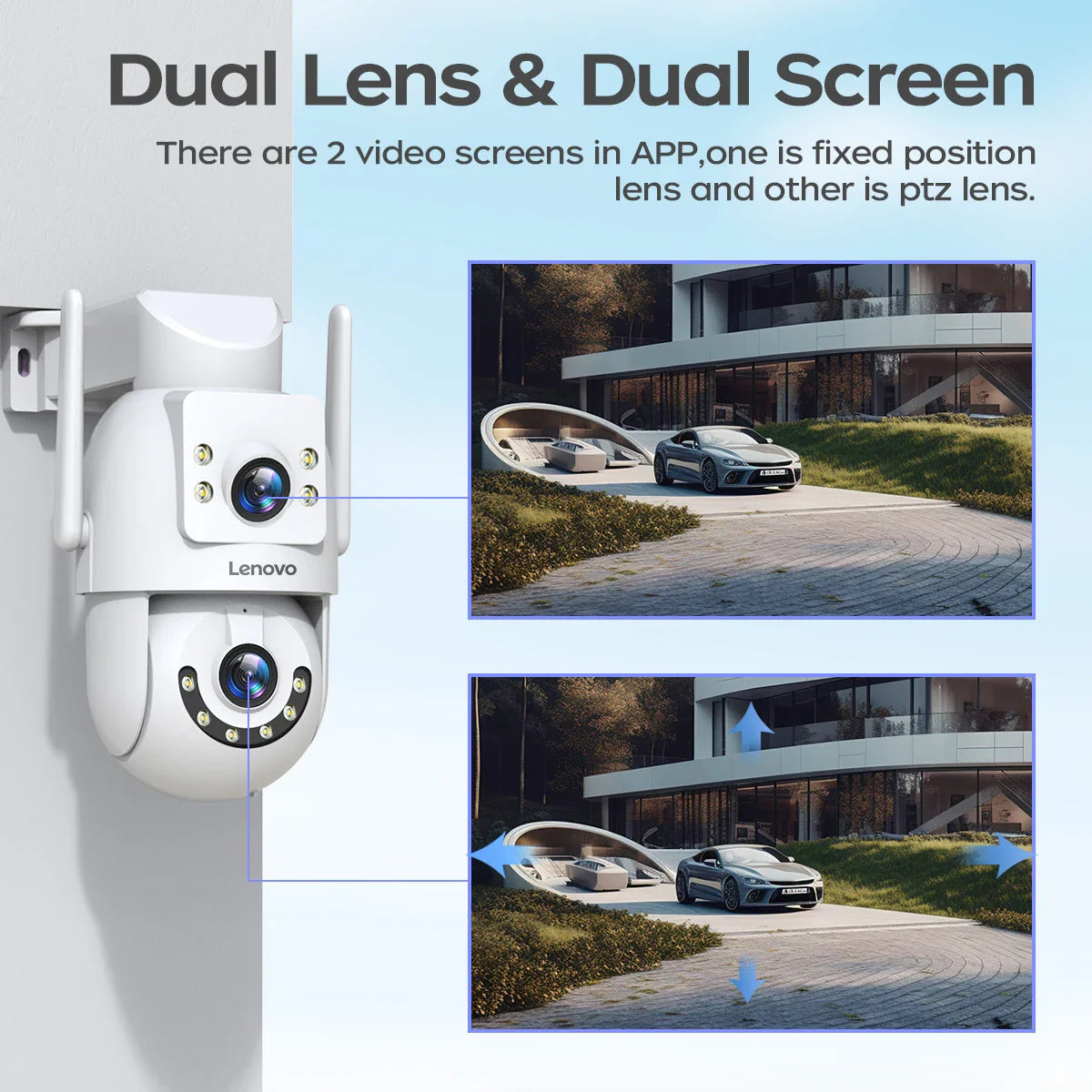 Lenovo security camera with dual lenses and screens, showing a car driveway and house.