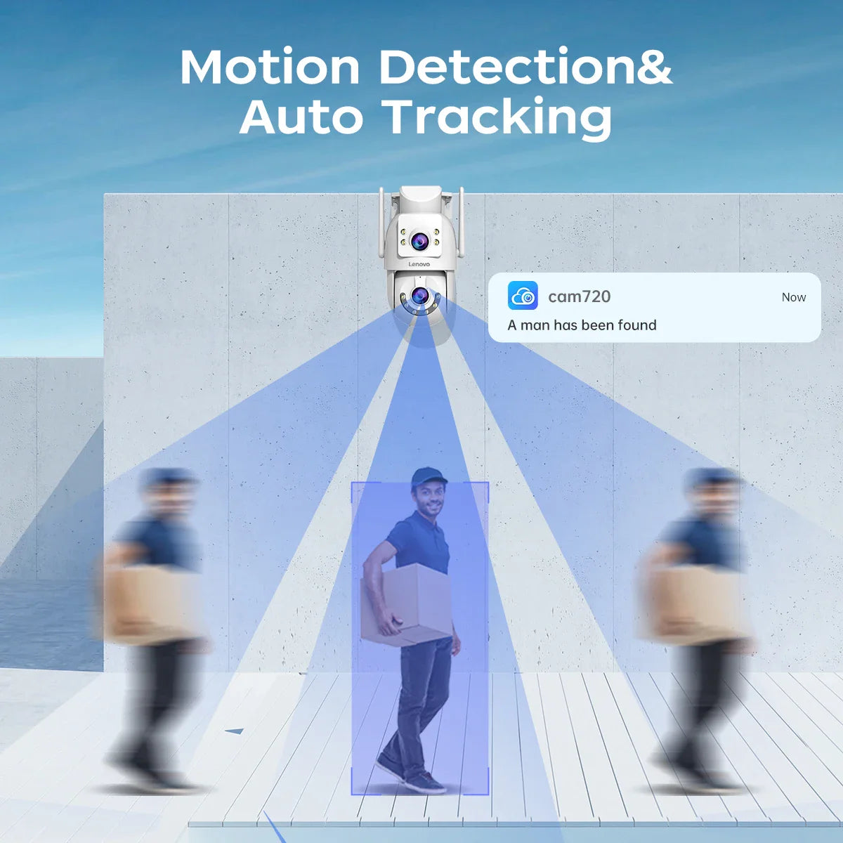 Camera with motion detection and auto tracking feature on a blue background