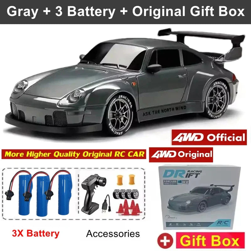 Gray RC car with accessories and gift box on a white background