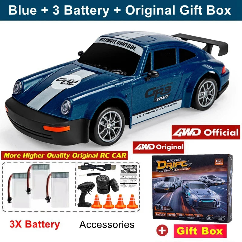 Blue RC car with accessories and gift box on a white background