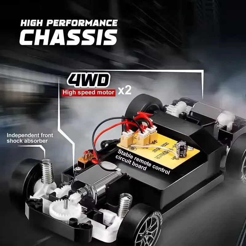 High-performance chassis with 4WD and high-speed motors on a dark background