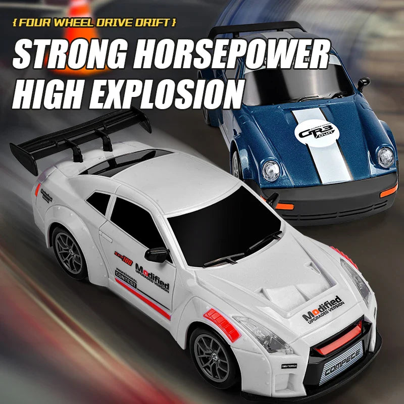 Two toy cars, one white and one blue with black accents, on a blurred background with text about horsepower and explosions.