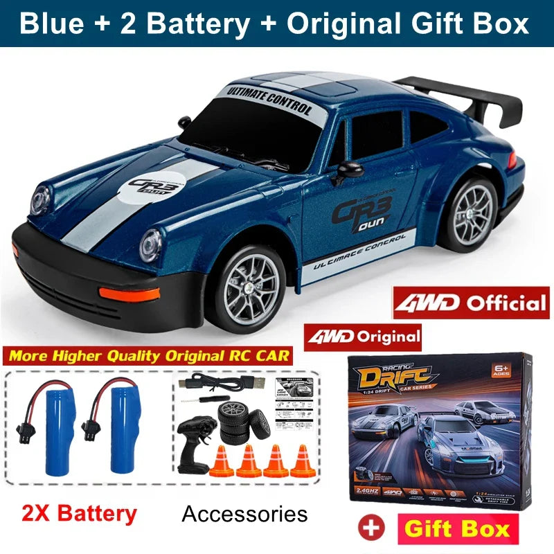 Blue RC car with accessories and gift box on a white background