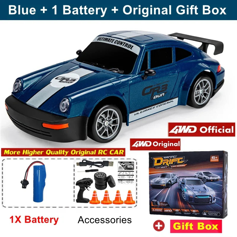 Blue RC car with accessories and gift box on a white background
