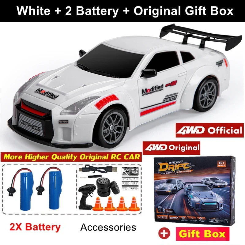White RC car with 2 batteries and original gift box on a white background