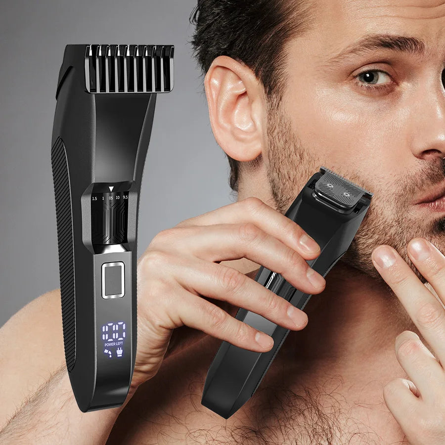 Man using a beard trimmer with close-up of the device on a gray background