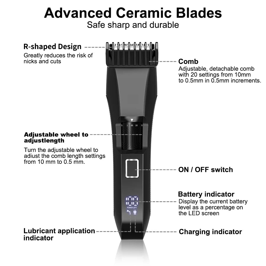Hair trimmer with features highlighted on a white background