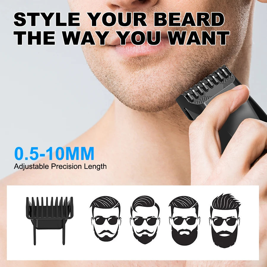Man using a beard trimmer with text indicating adjustable precision length and beard styles.