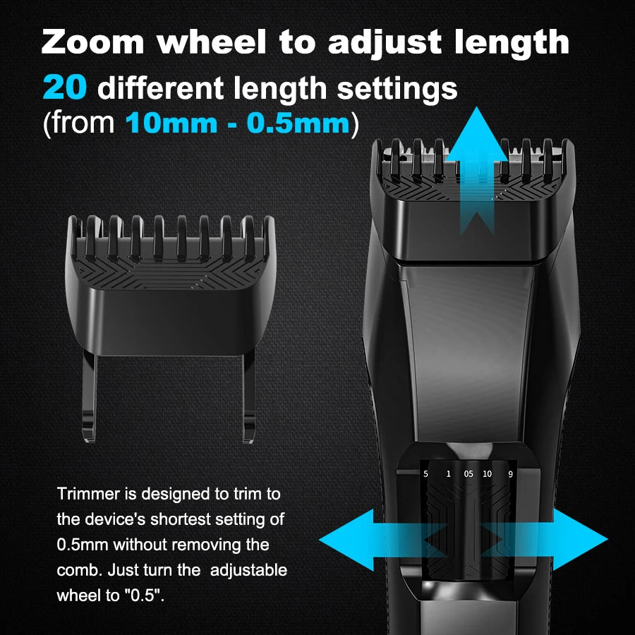 Hair trimmer with adjustable comb and length settings on a black background