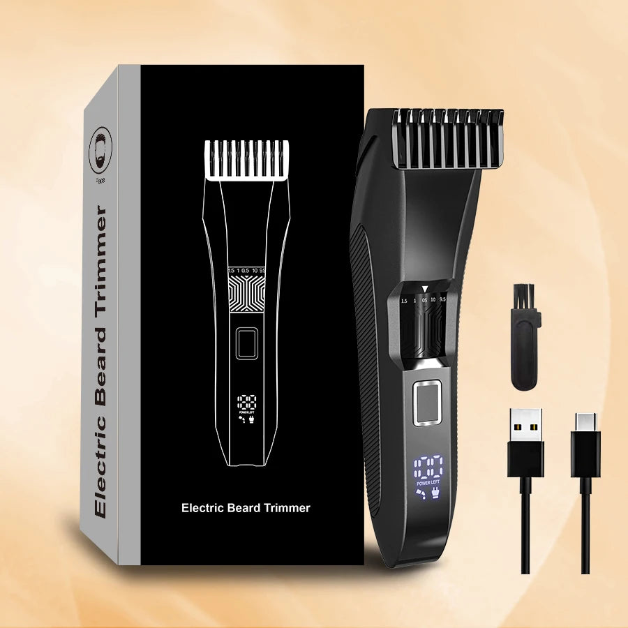 Electric beard trimmer with packaging and accessories on a beige background