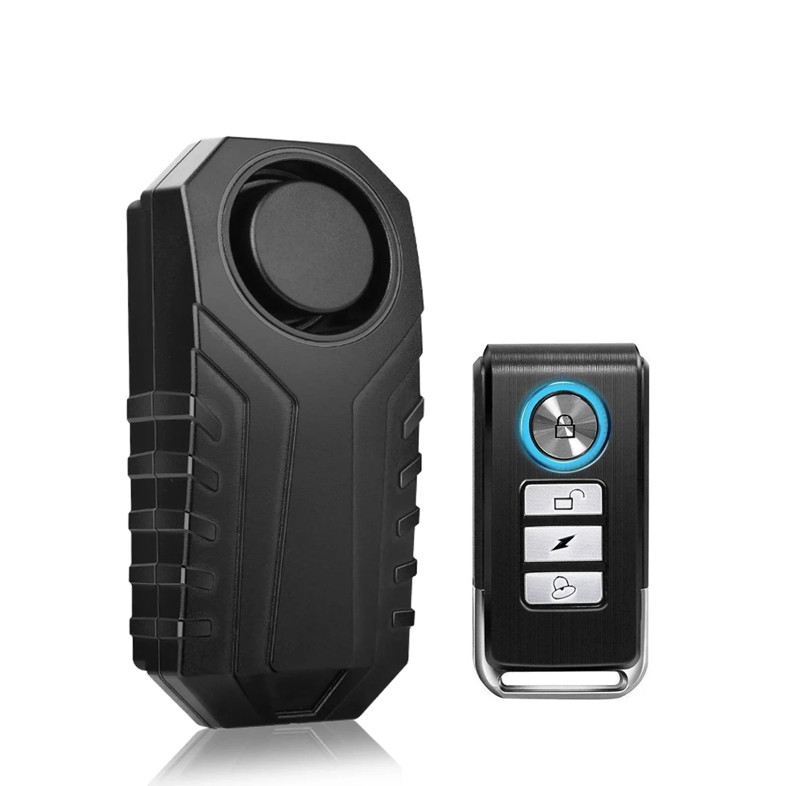 Black vehicle security alarm system with remote control on a white background