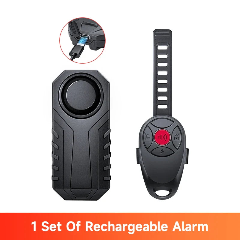 Rechargeable alarm set with a black case and remote control on a white background.