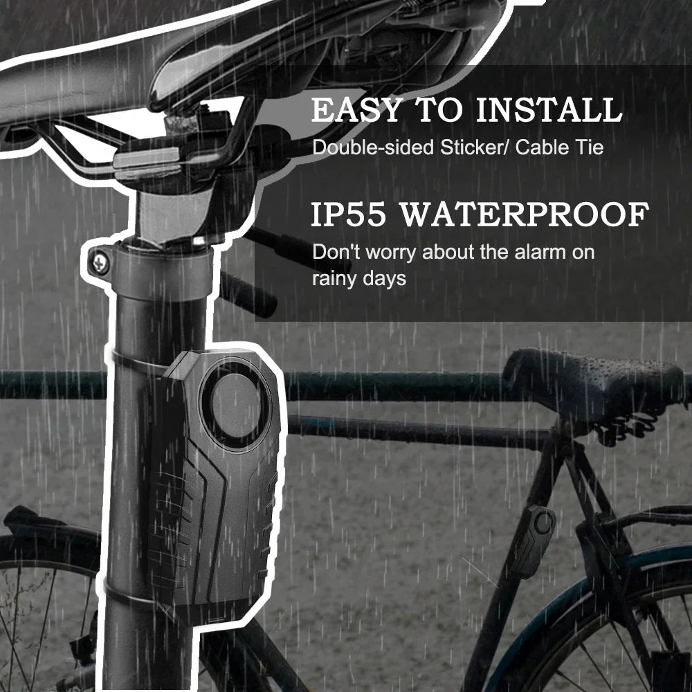 Bicycle alarm system with raindrop effects and text indicating waterproof feature.