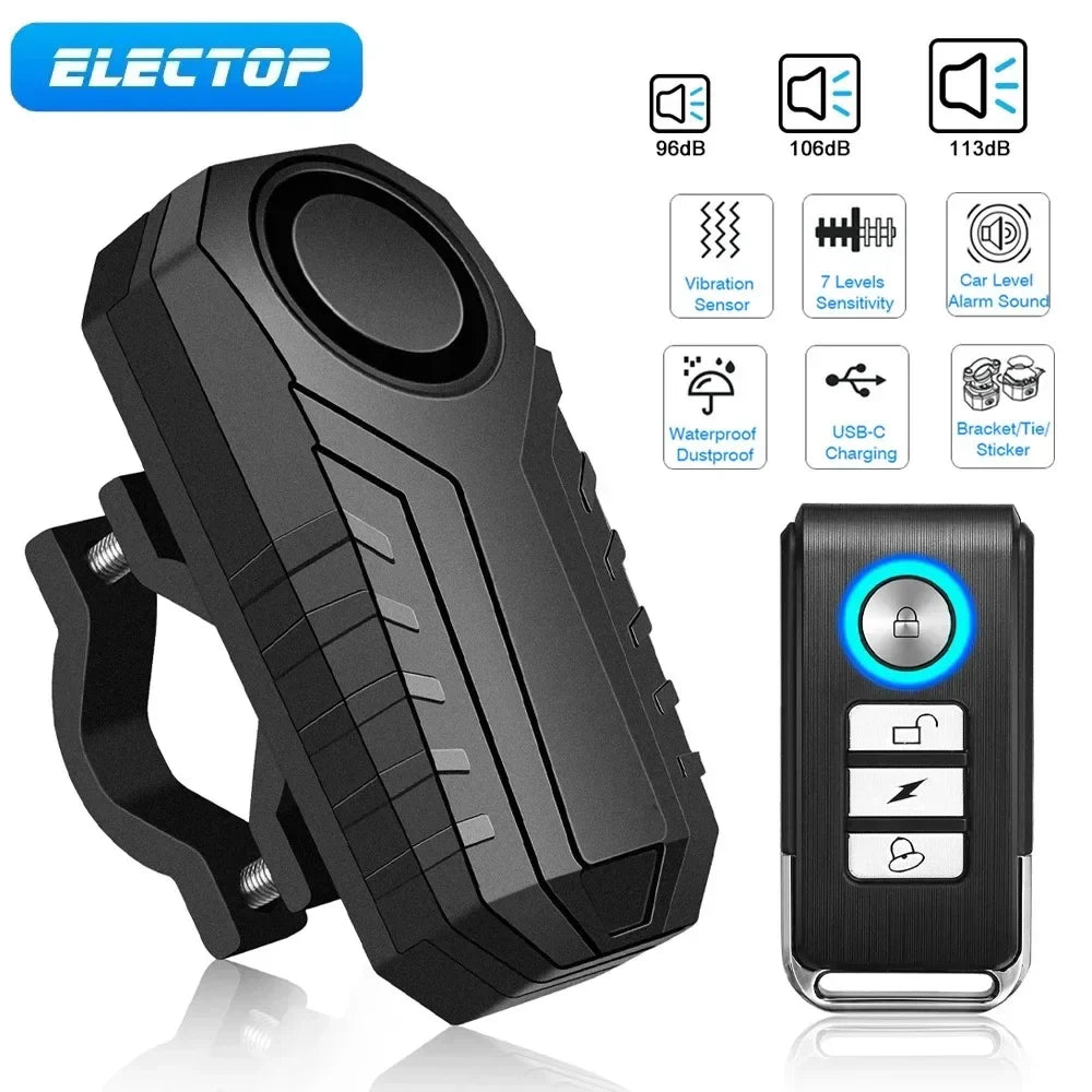 Black motorcycle alarm system with remote control on a white background, featuring ELECTOP branding.