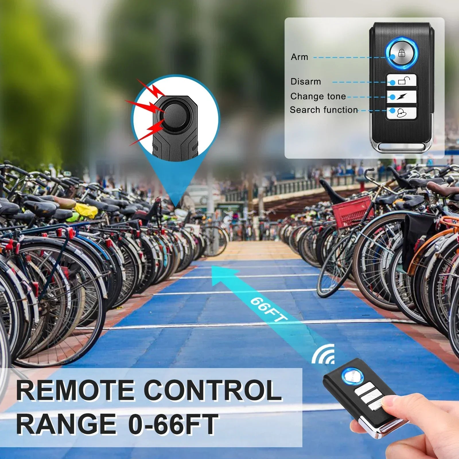 Bicycle parking area with remote control device and range illustration