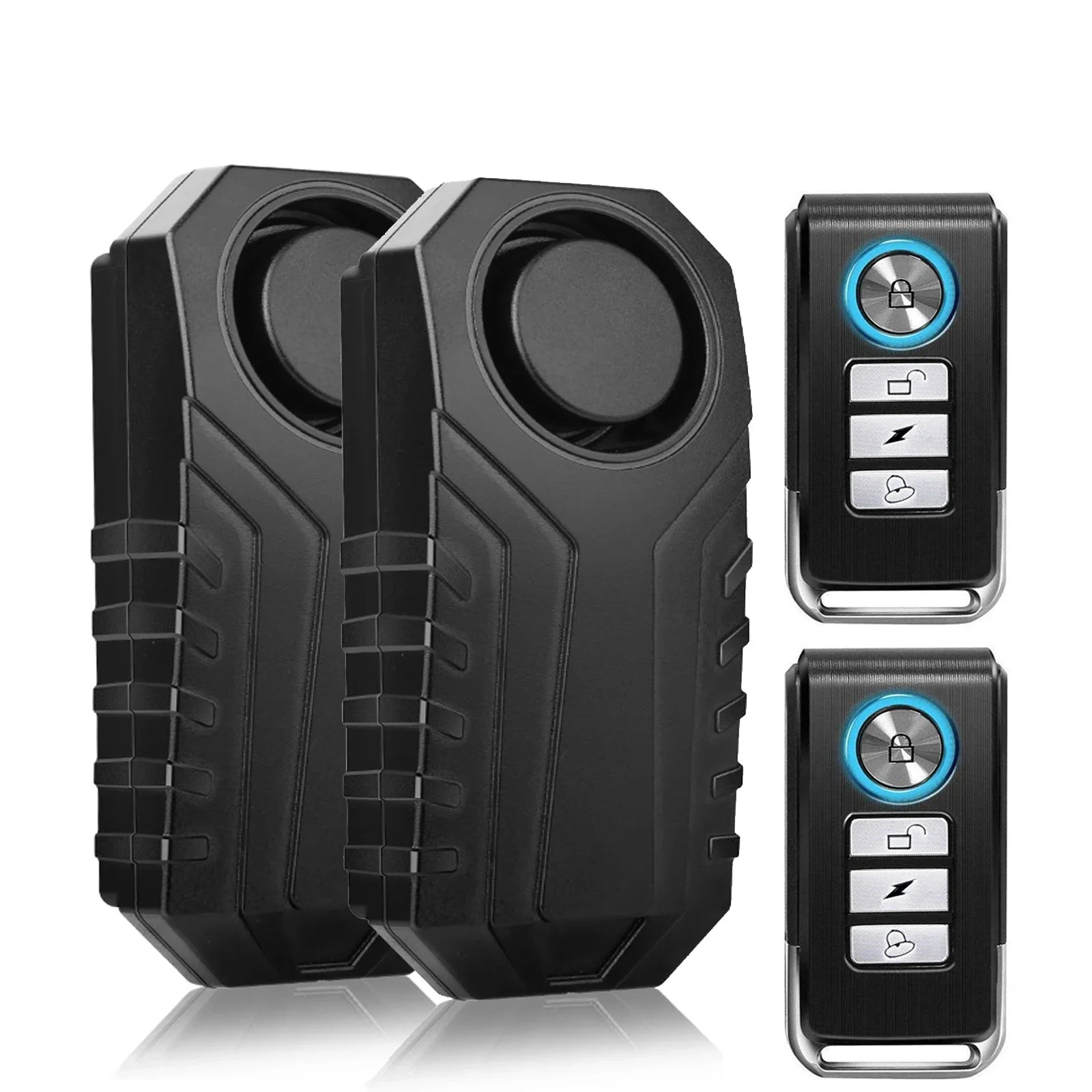 Two black alarm systems with remote controls on a white background