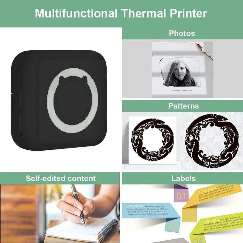 Multifunctional thermal printer with examples of photos, patterns, self-edited content, and labels.