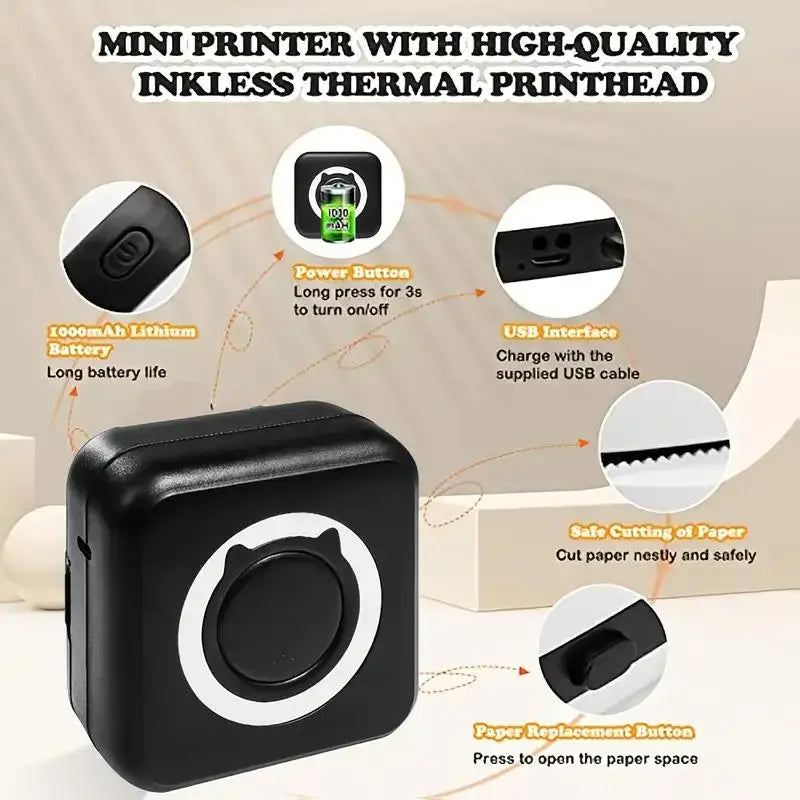 Mini printer with high-quality inkless thermal printhead on a beige background