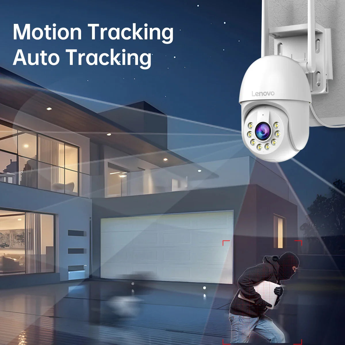 Lenovo security camera with motion tracking feature in front of a modern house at night.