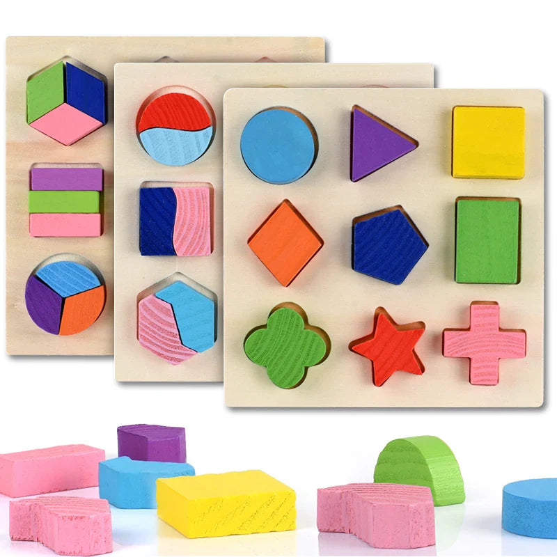 Colorful wooden shape sorting puzzle with various geometric shapes on a white background