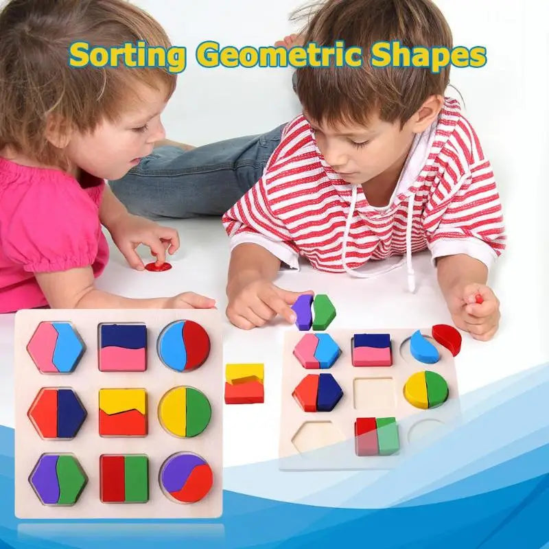 Two children playing with geometric shape sorting toys on a white background.