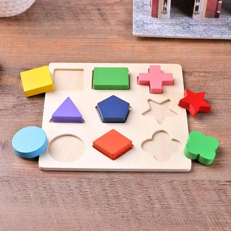 Wooden shape sorting puzzle with colorful blocks on a wooden surface