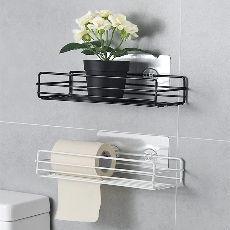 Black wire shelf with a plant and white toilet paper holder on a gray wall.