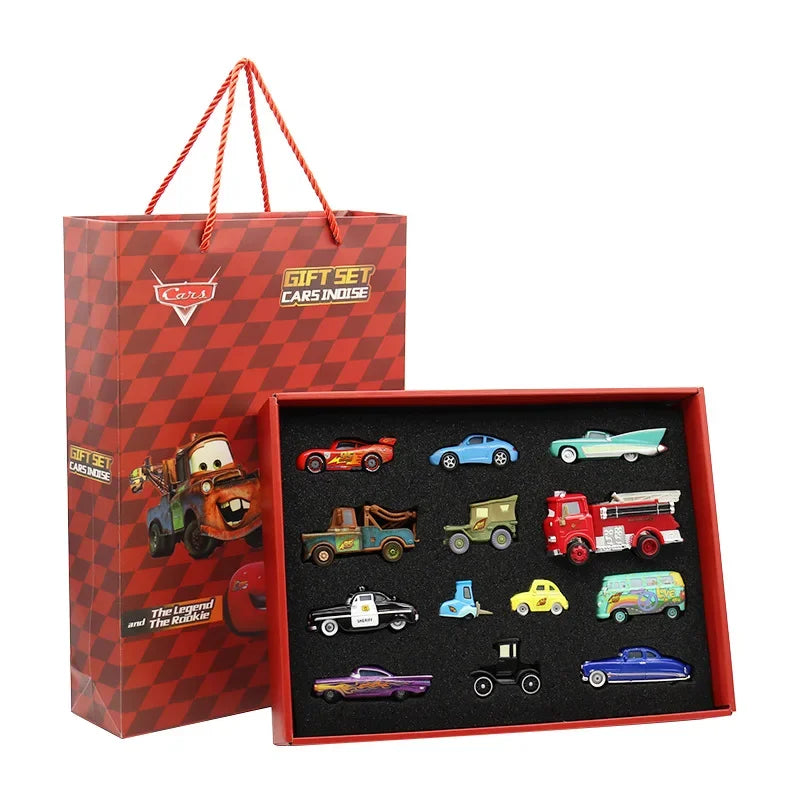 Gift set of toy cars in a red checkered box with a matching bag.