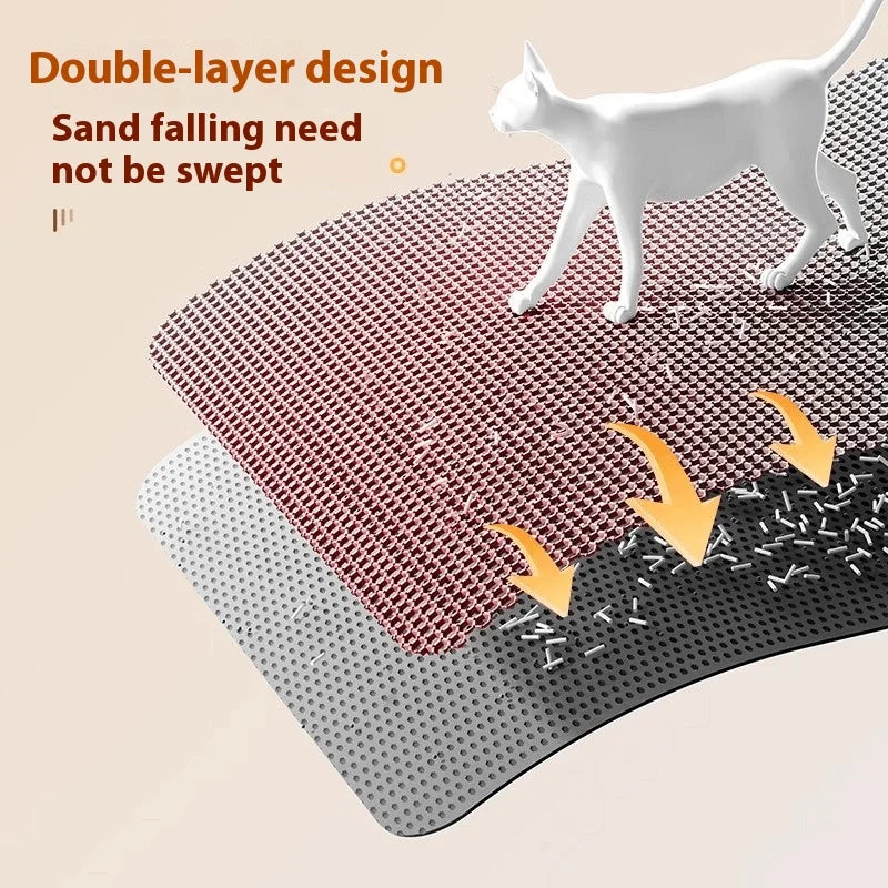 Cat litter mat with double-layer design and sand falling through it, with a cat standing on top.