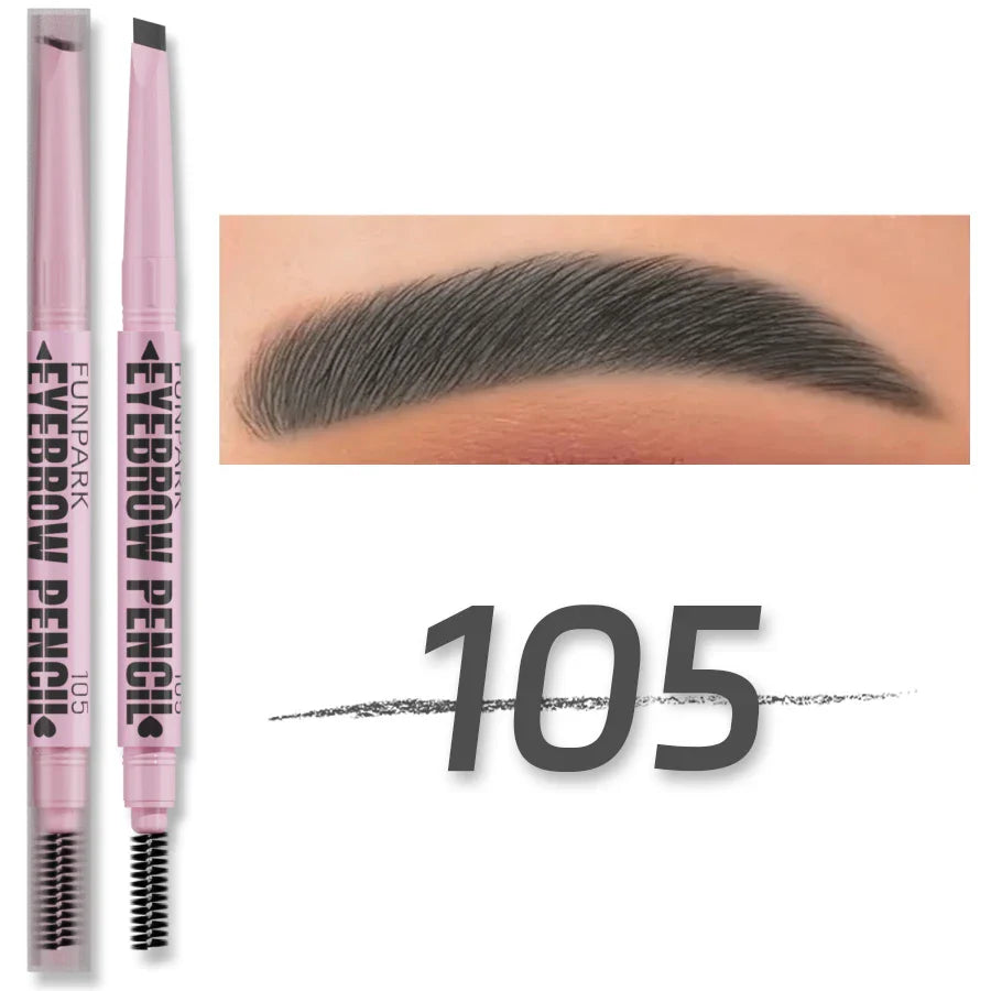 Eyebrow pencil with pink casing and black tip, shown with a sample eyebrow and color code 105.