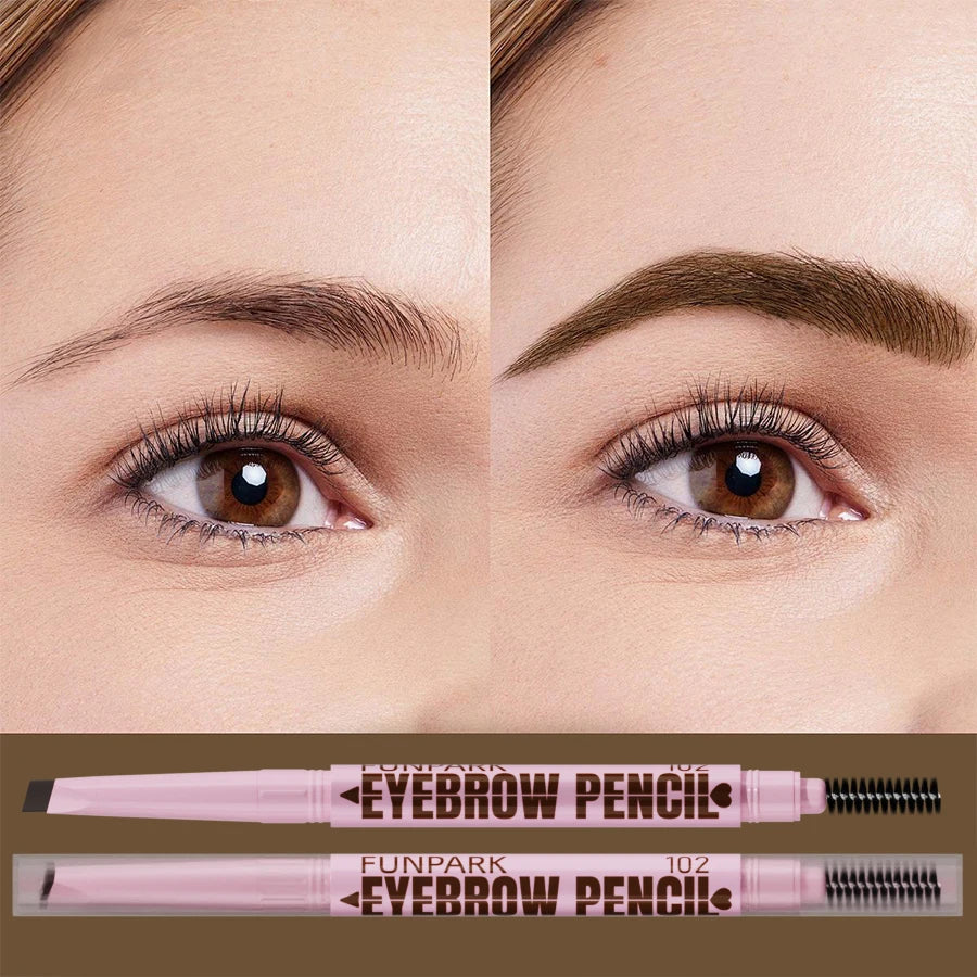 Eyebrow pencil with before and after effect on eyebrows, featuring Funpark brand.