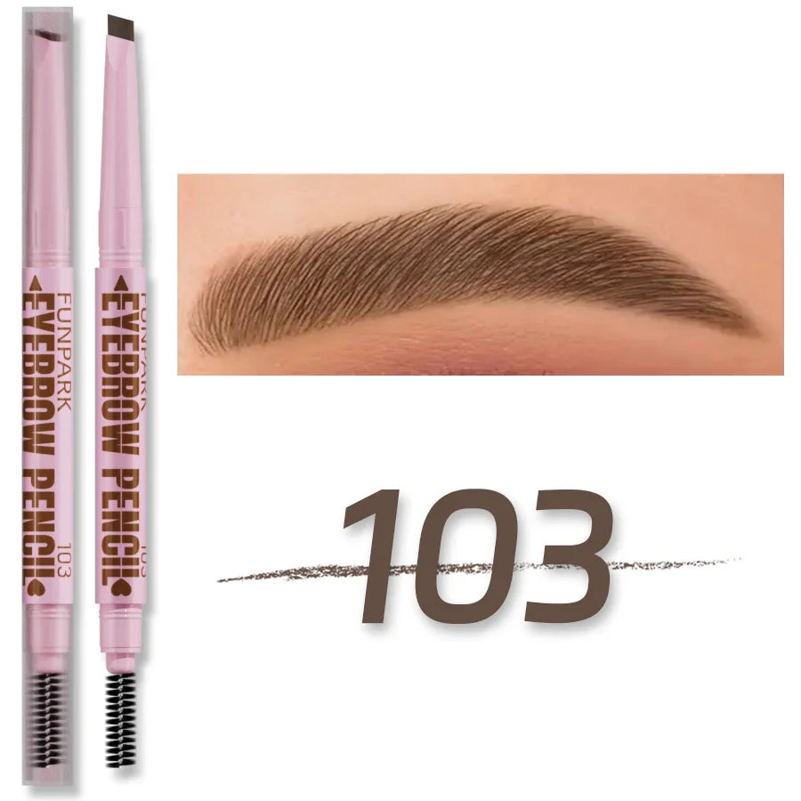 L'Oreal Brow Pencil with a close-up of applied brown eyebrow and shade number 103.