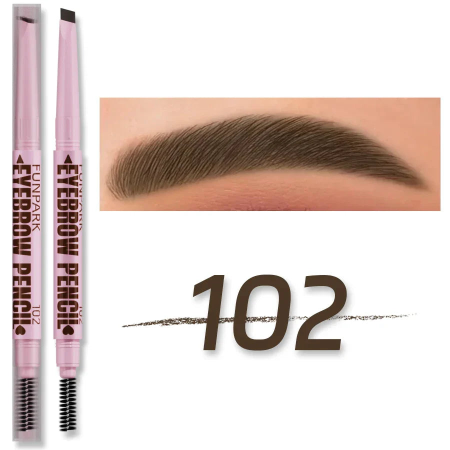 Eyebrow pencil with pink casing and black tip, showing an example of application on skin.