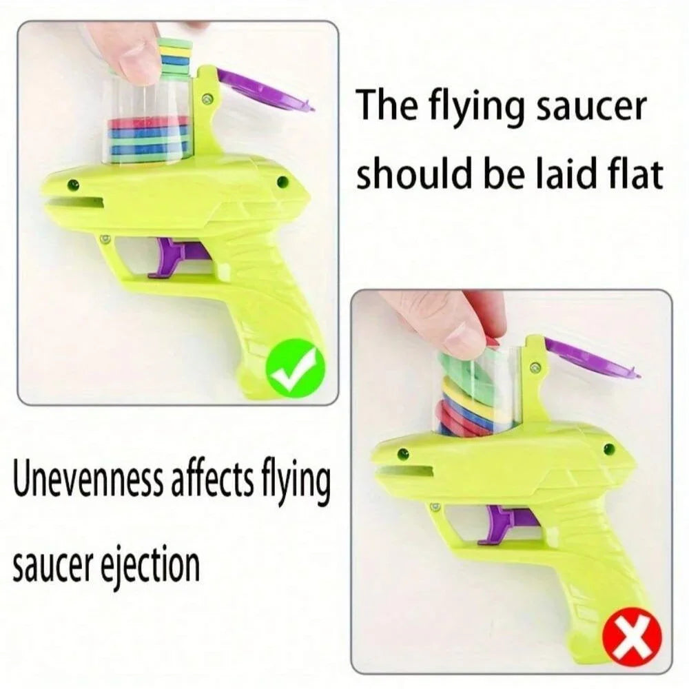 Instructional diagram showing correct and incorrect ways to use a toy gun with a flying saucer.