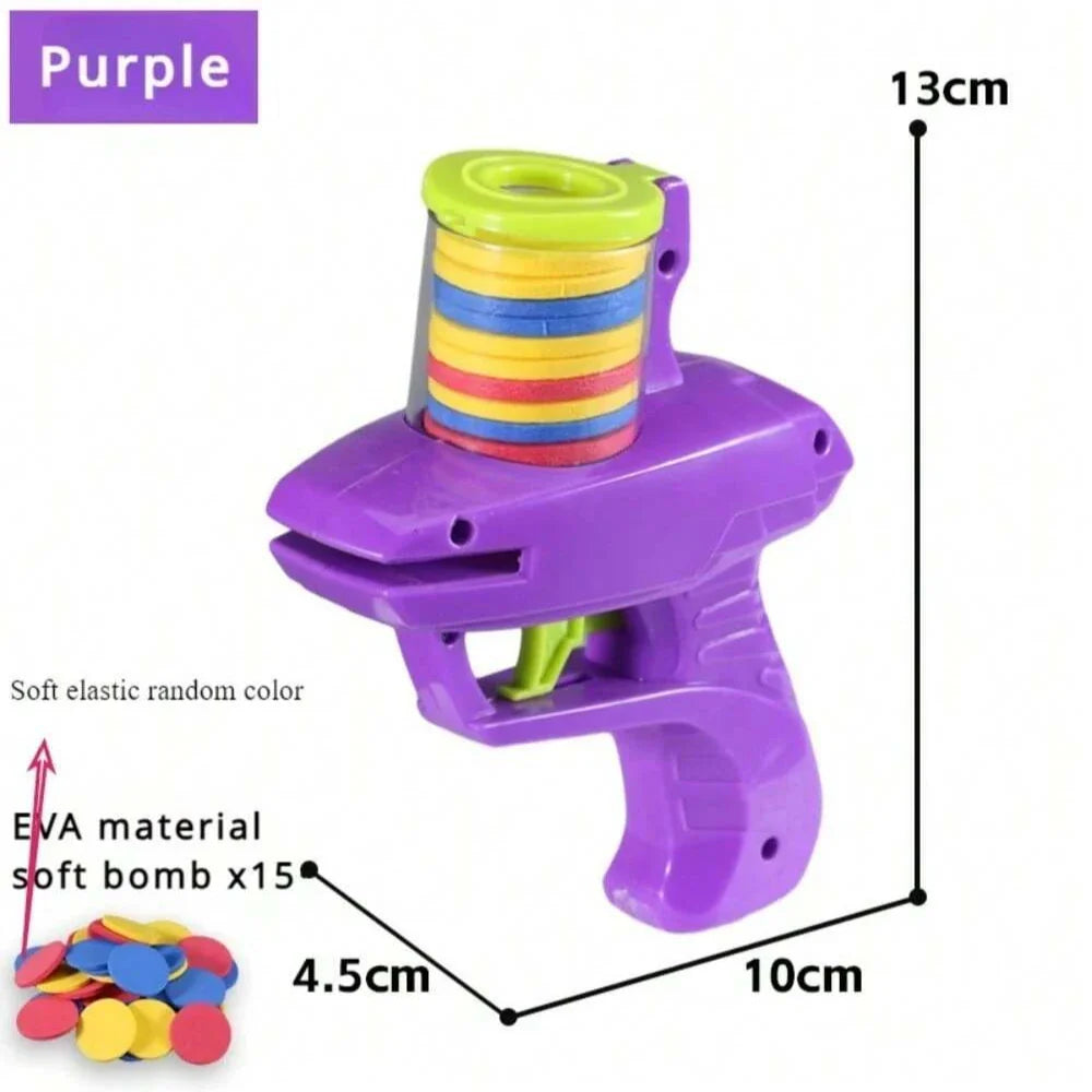 Purple toy gun with colorful soft bombs and measurements on a white background