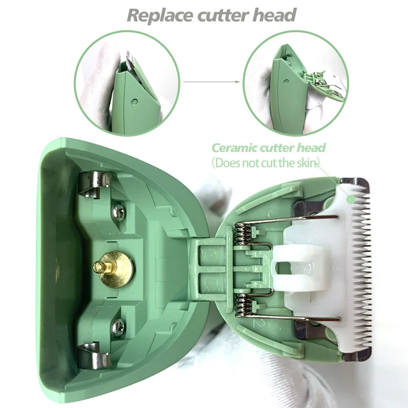 Green hair removal device with open design showing ceramic cutter head on a white background.