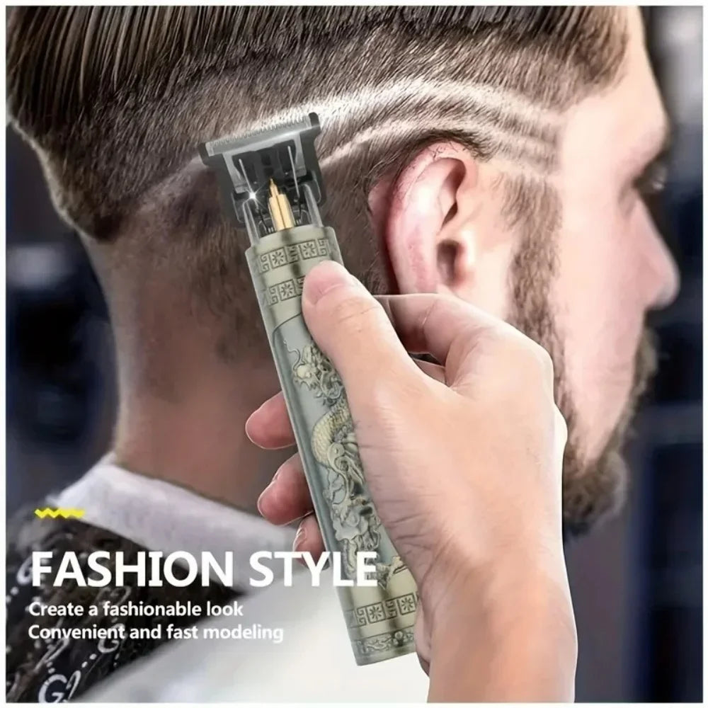 Person using a hair trimmer on their head with text 'Fashion Style' and product details.