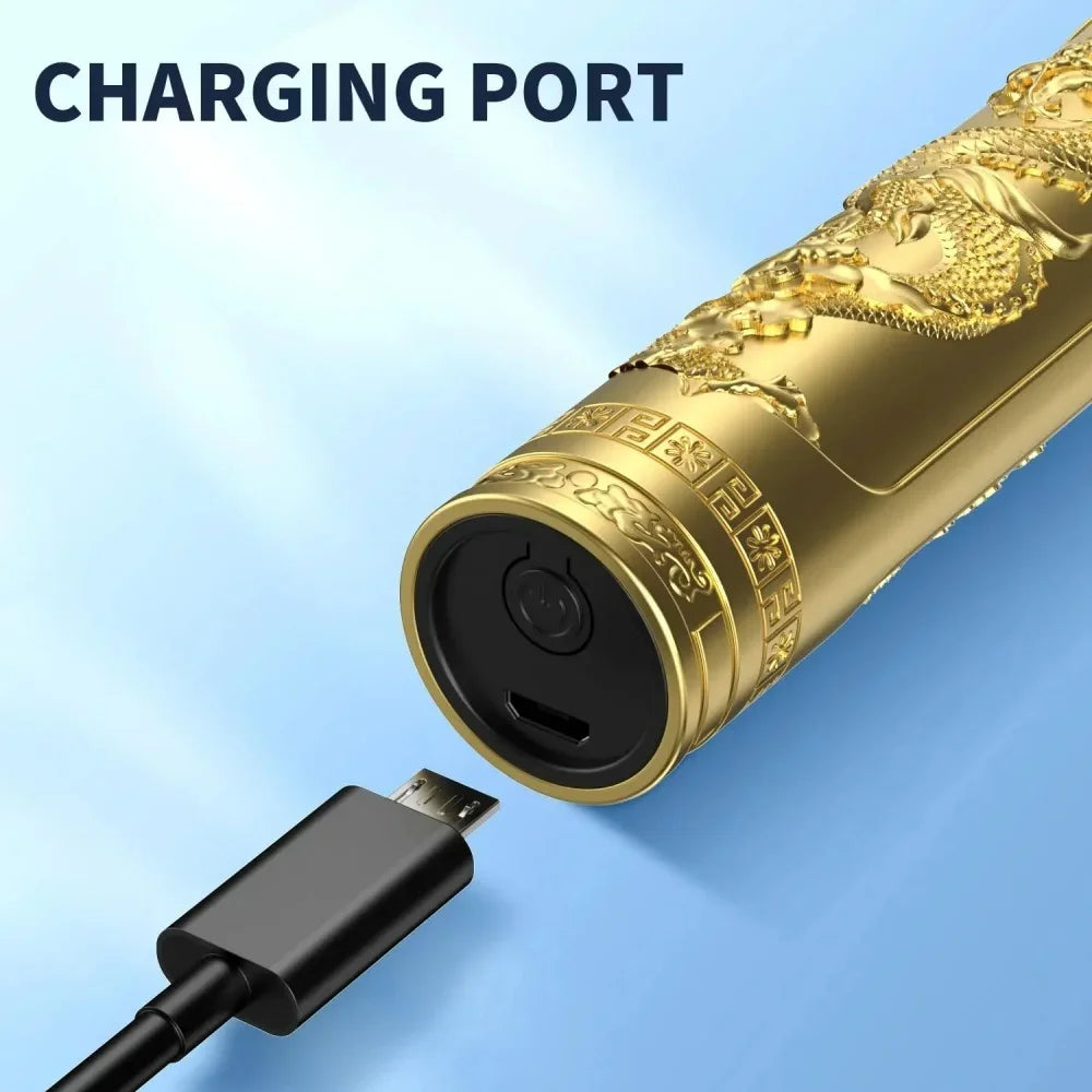 Gold cylindrical device with intricate patterns and a charging cable on a blue background