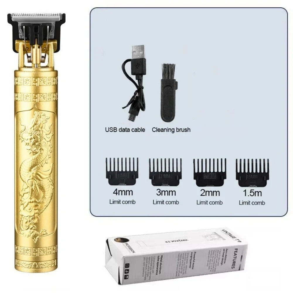 Gold hair trimmer with attachments and cleaning brush on a white background