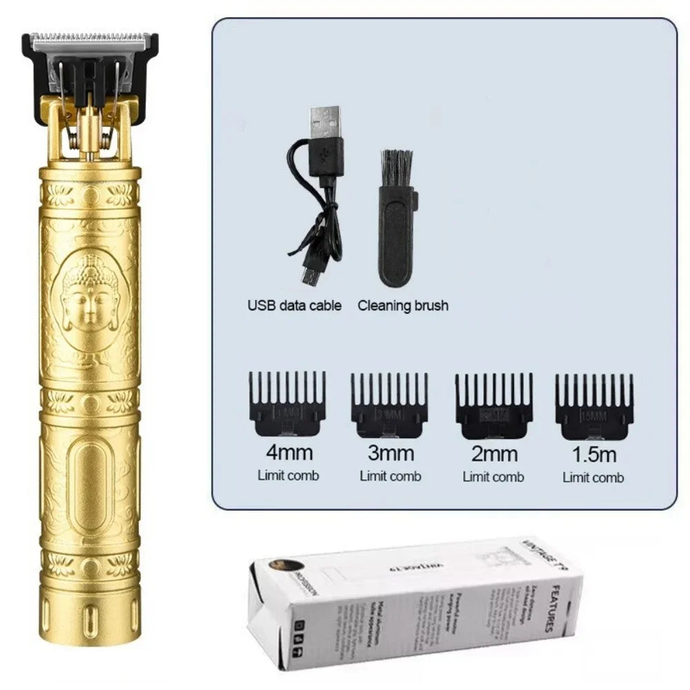 Gold hair trimmer with accessories and packaging on a white background