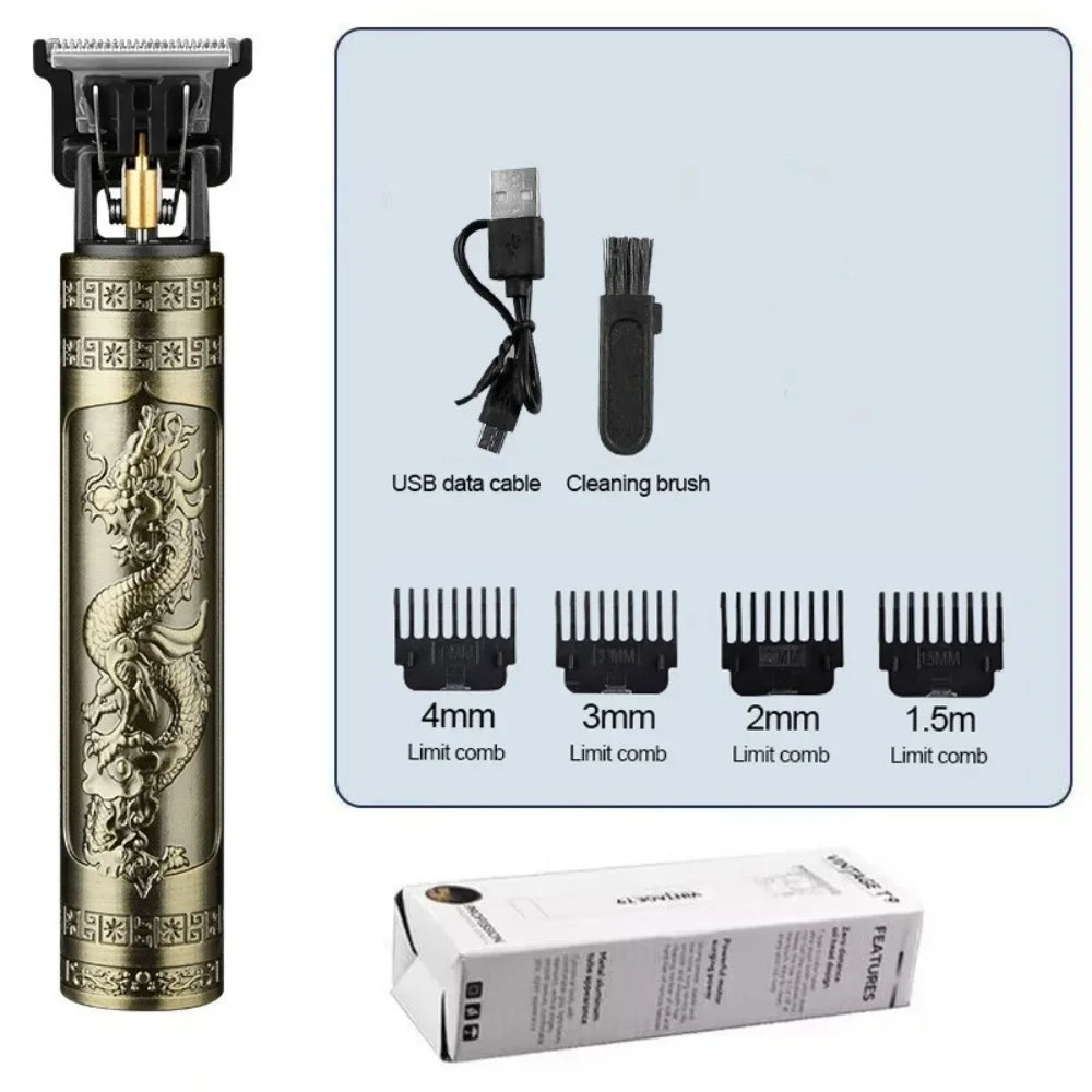 Hair trimmer with dragon design, USB cable, cleaning brush, and limit combs on a white background