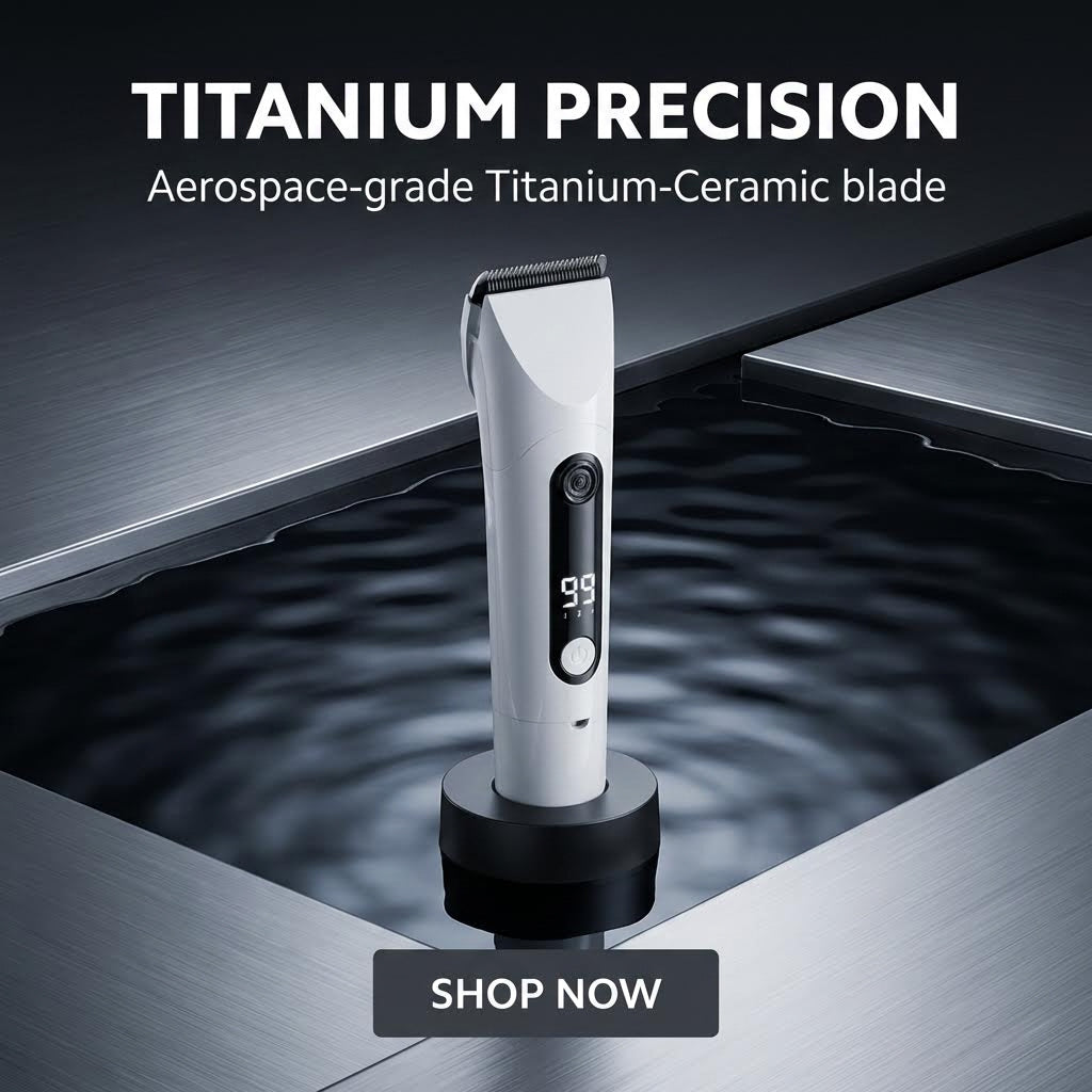 Hair trimmer with titanium ceramic blade on a metallic surface, featuring 'Titanium Precision' text.