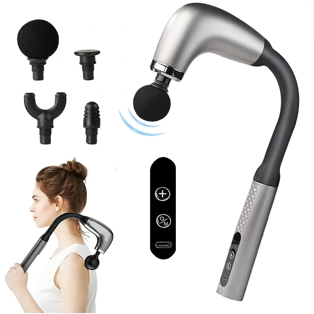Handheld massager with attachments and a woman using it on her neck.