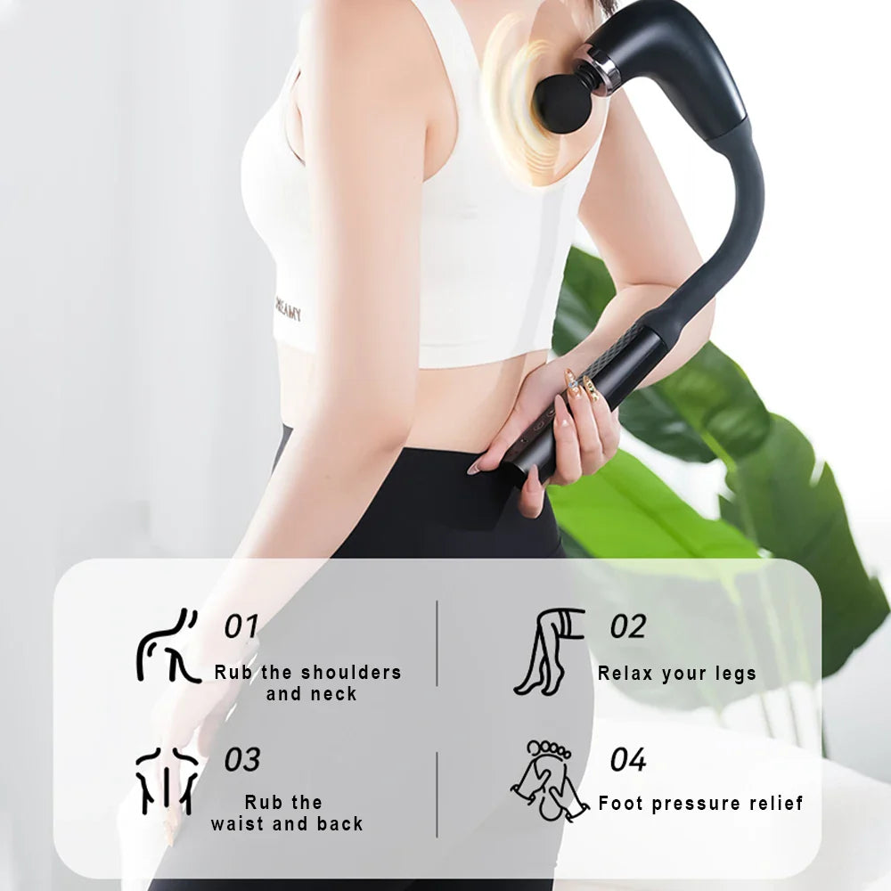 Person using a handheld massage device with text on how to use it.
