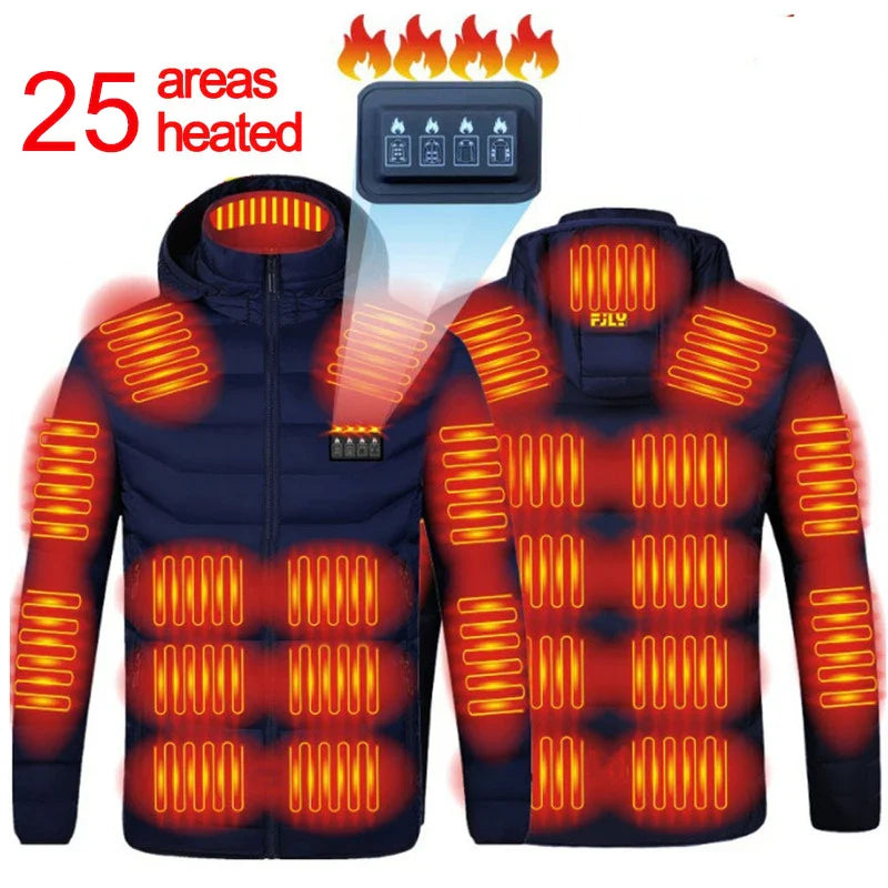 Heated jacket with glowing heating elements and control panel on a white background