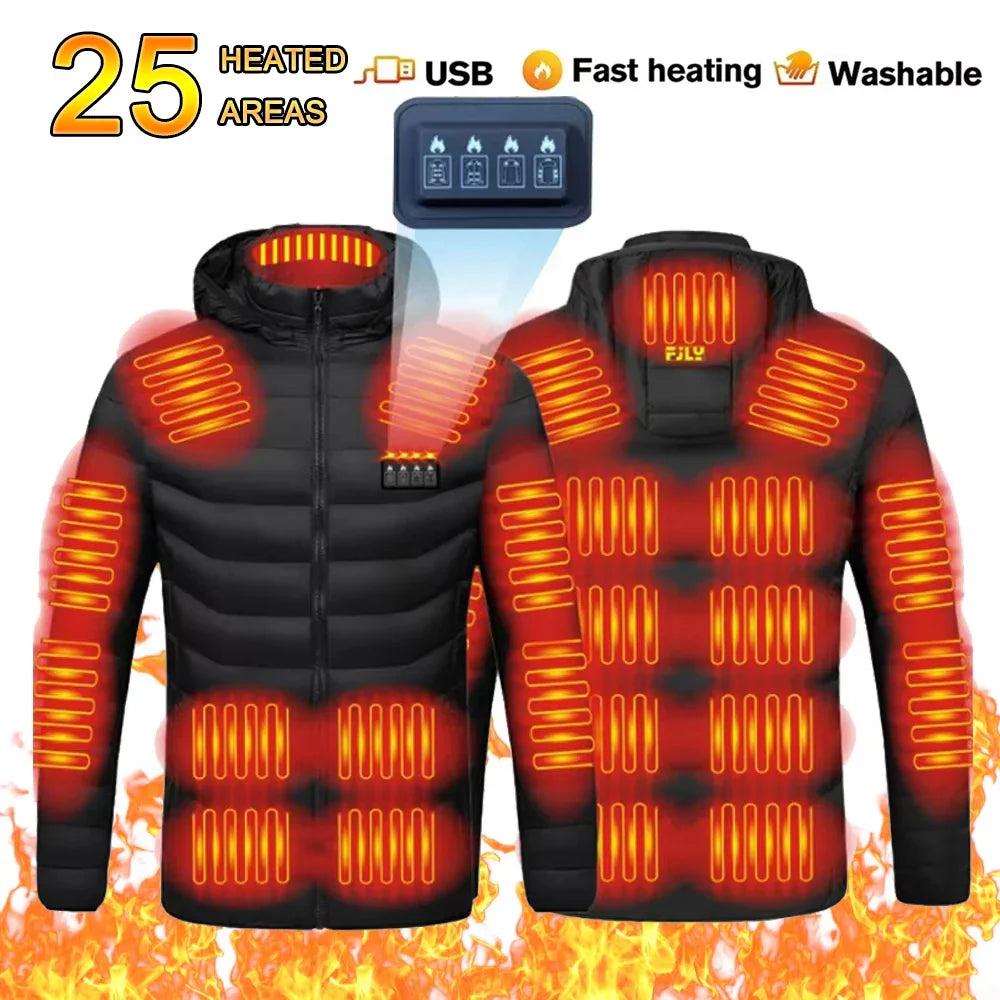 Heated jacket with USB interface, 25 heated areas, fast heating, and washability on a white background.