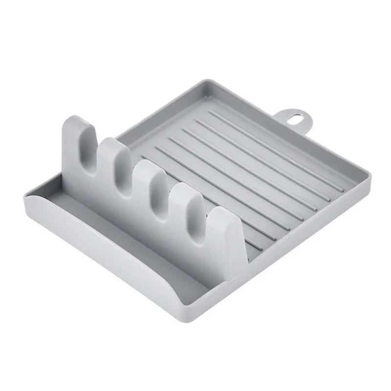 Gray kitchen utensil holder with a tray on a white background